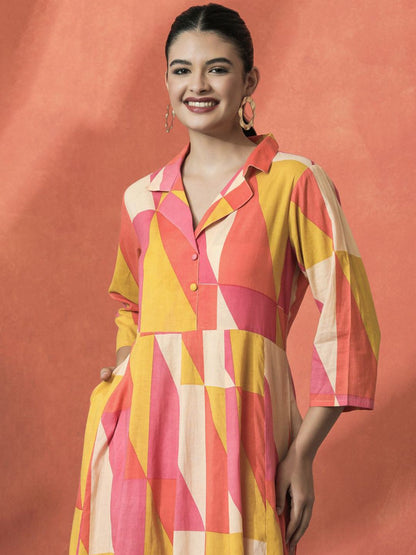 Indyancart SN Women's Colourblocked Shirt Collar A-Line Pure Cotton Kurta With Trousers