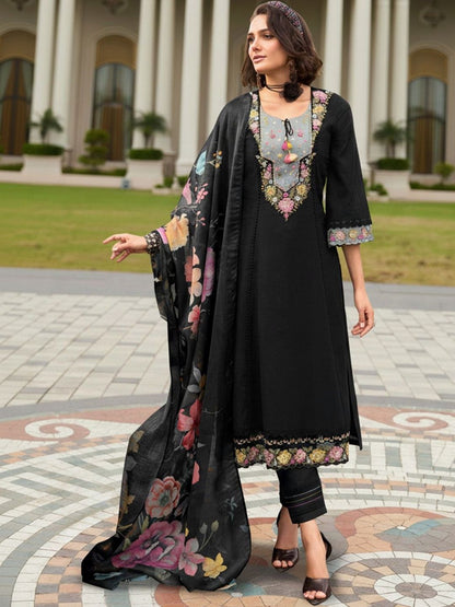 Women Floral Embroidered Regular Thread Work Pure Cotton Kurta with Trousers & With Dupatta