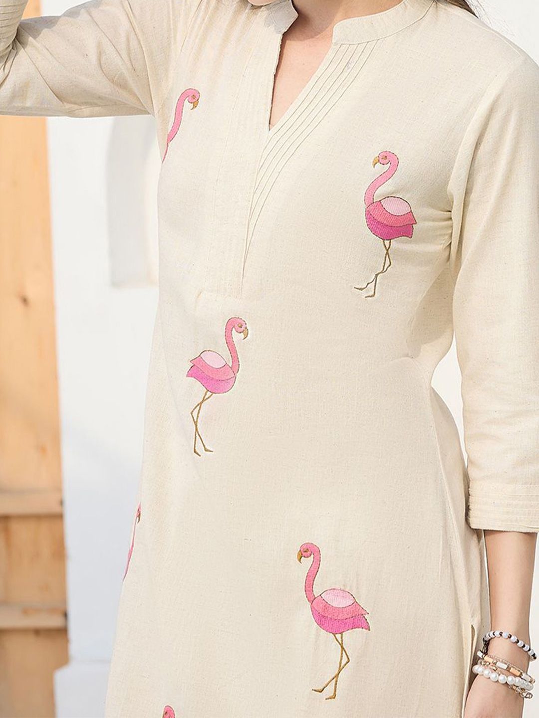 Indyancart IE Floral Printed Pure Cotton Mandarin Collar Tunic With Trousers