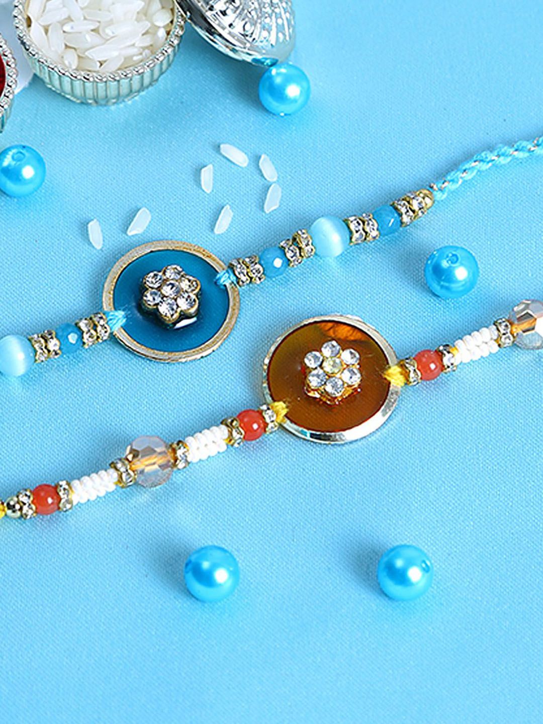 Anouk Set Of 2 Blue Stones Studded & Beaded Rakhis Comes With Roli Rice & Greeting Card