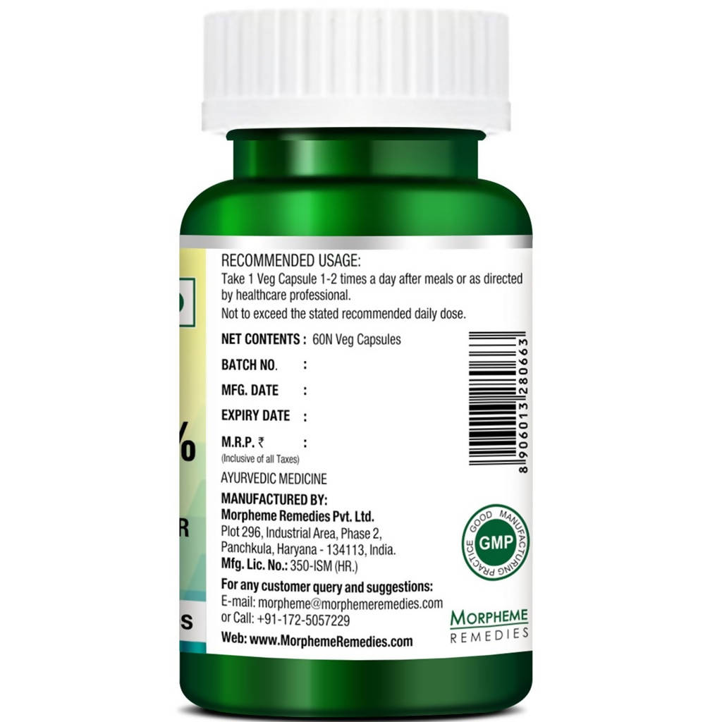 Morpheme Remedies Turmeric Curcumin 95% Veg Capsules in a clear bottle, showing yellow capsule contents and label.