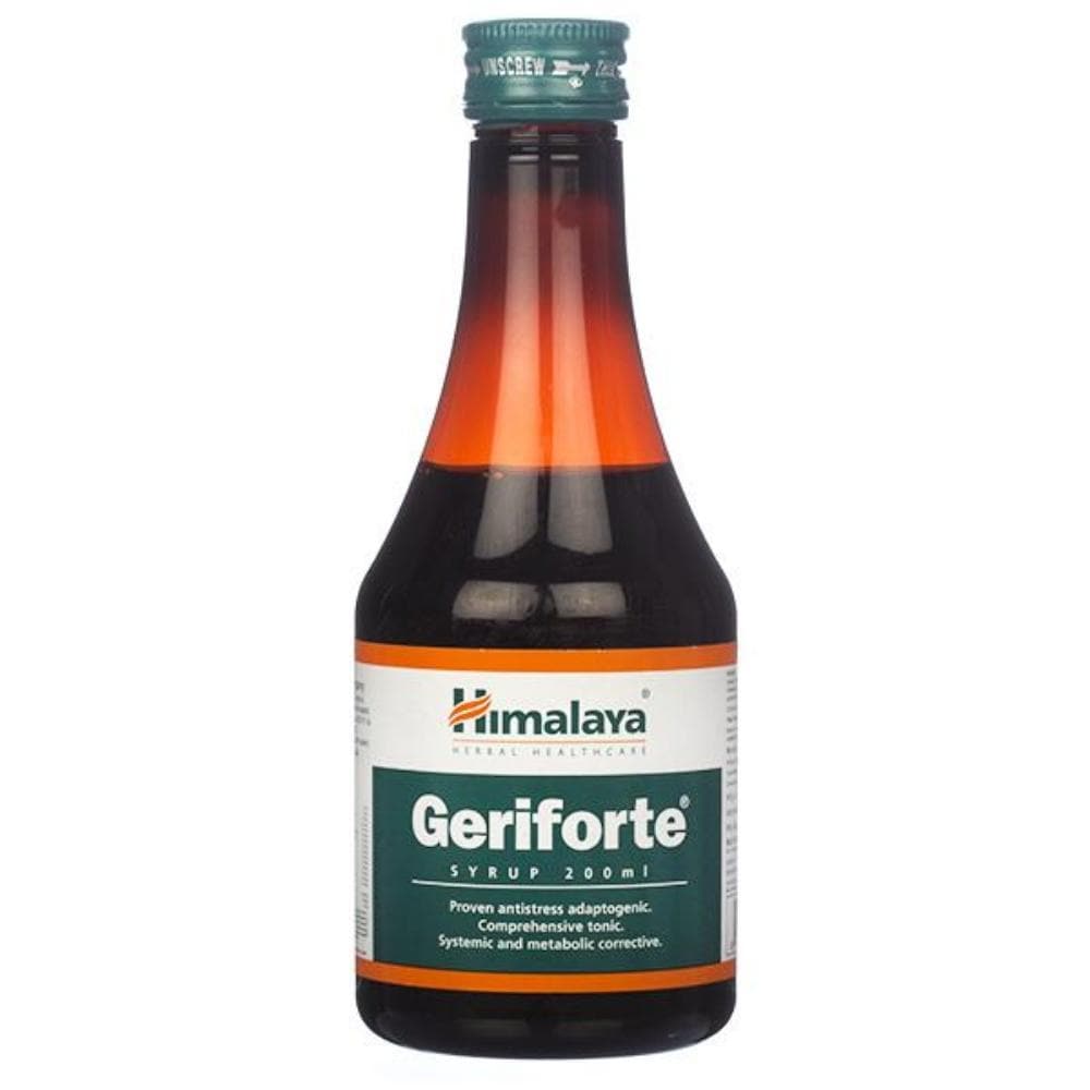 Himalaya Herbals Geriforte Ayurvedic syrup bottle, 200 ml, with herbal ingredients for wellness and natural health support.