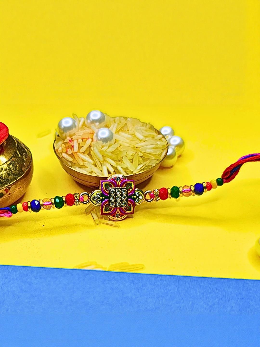Anouk Set Of 6 Beaded Cotton Thread with AD Stones & Meenakari Designer Rakhi for Brother