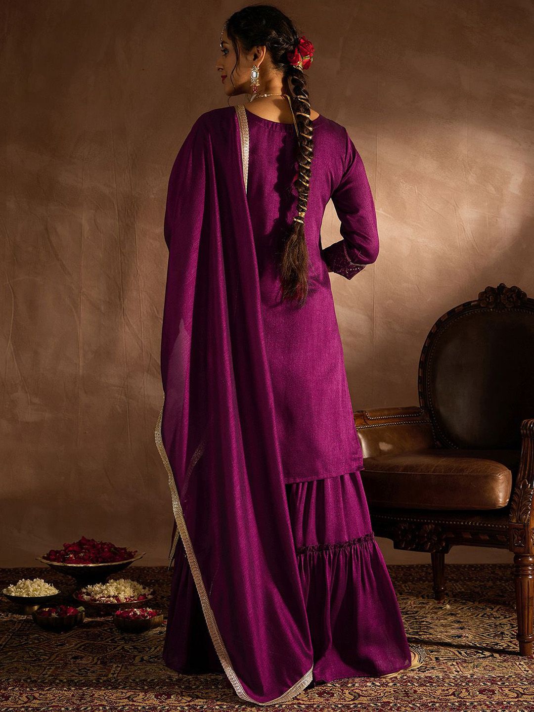 Indyancart IE Geometric Embroidered Sequinned Straight Kurta with Sharara & With Dupatta