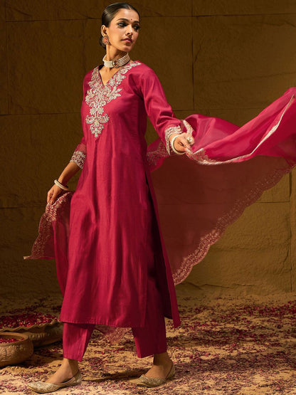 Indyancart IE Ethnic Motifs Embroidered Thread Work Liva Straight Kurta With Trousers & Dupatta
