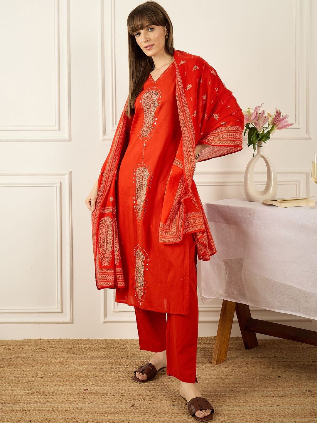 Floral Printed Thread Work Pure Cotton Kurta With Palazzos