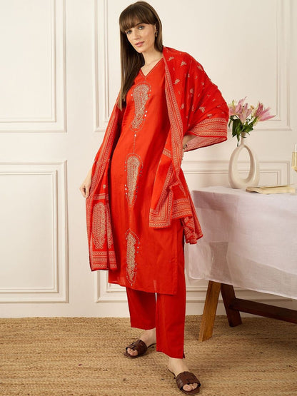Floral Printed Thread Work Pure Cotton Kurta With Palazzos