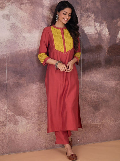Self Design Round Neck Straight Kurta With Trouser