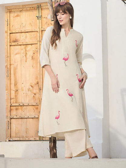 Indyancart IE Floral Printed Pure Cotton Mandarin Collar Tunic With Trousers
