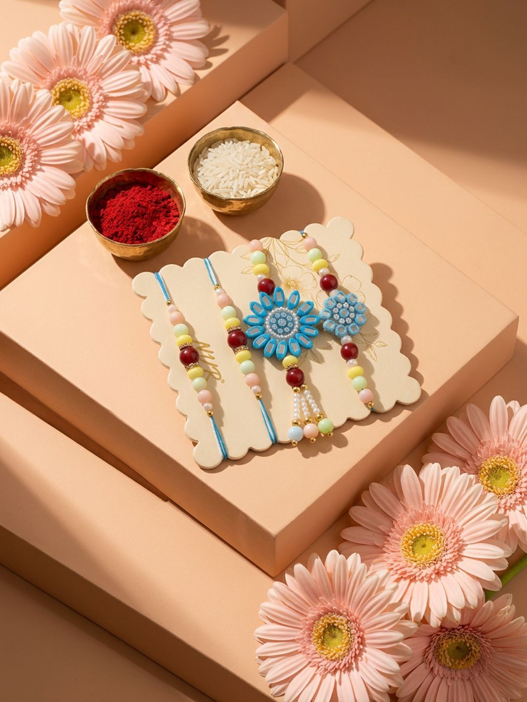 Anouk Set Of 4 Family Pack Beaded Thread Rakhi With Roli Chawal Chandan Mishri