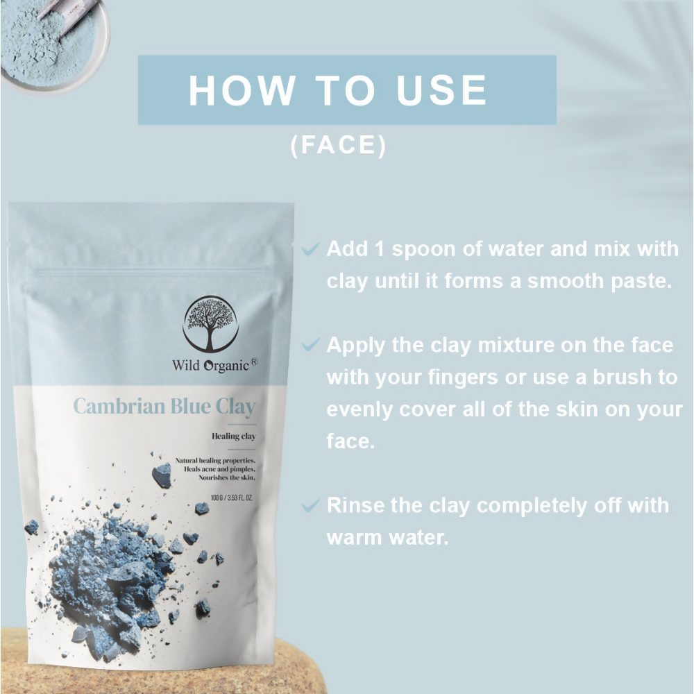 Wild Organic Cambrian Blue Healing Clay Powder for face masks, showing the blue powder in a natural setting.