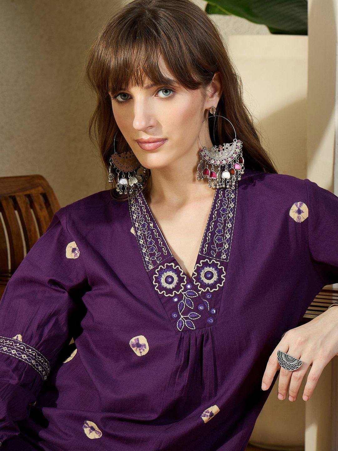 Women Ethnic Motifs Printed Regular Thread Work Pure Cotton Kurta with Trousers