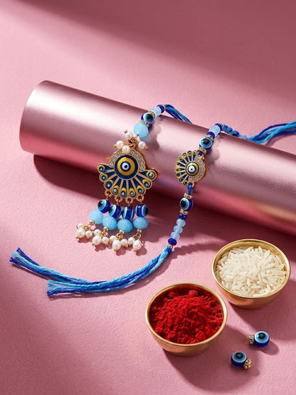 Anouk Set Of 2 Blue Evil Eye Artificial Beads Bhaiya Bhabhi Rakhi With Roli Chawal
