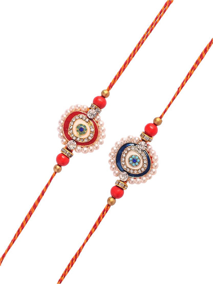 Anouk Set Of 2 White Pearl-Beaded Rakhi With Roli Rice & Greeting Card