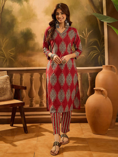 Indyancart SN Women's Floral Printed V-Neck Sequinned Cotton Straight Kurta With Trouser & Dupatta