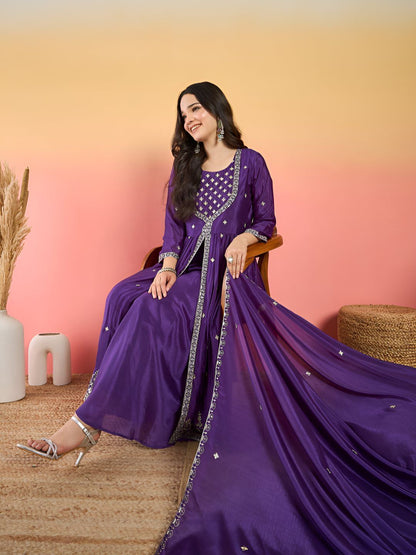 Indyancart VA Floral Embroidered Thread Work Kurta With Palazzos & Dupatta