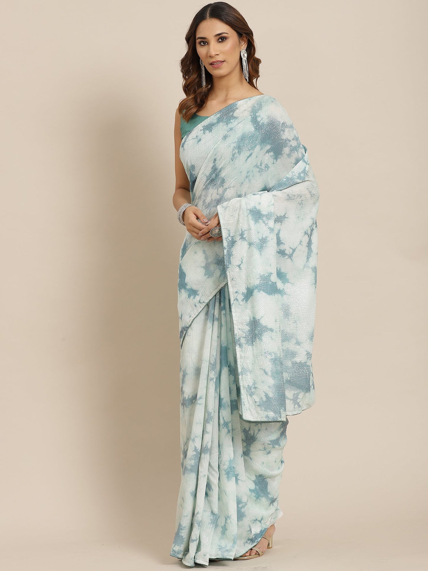 Women's Silk Blend Teal green Embellished Celebrity Saree With Blouse Piece