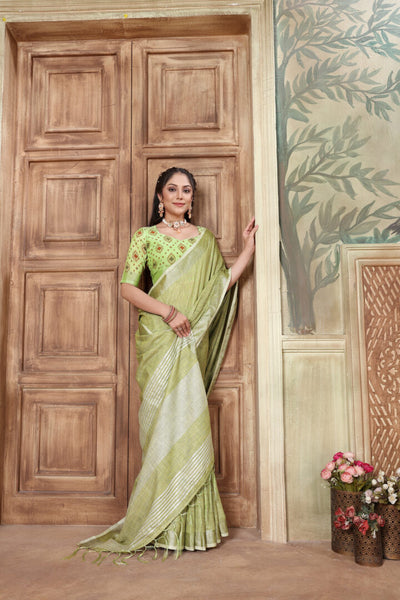 Indyancart GR Women's Glory Kiwi Green Soft Linen Solid Woven Saree