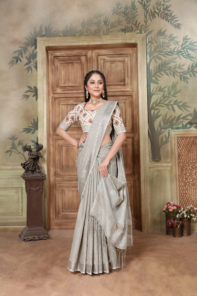 Indyancart GR Women's Glory French Grey Soft Linen Solid Woven Saree