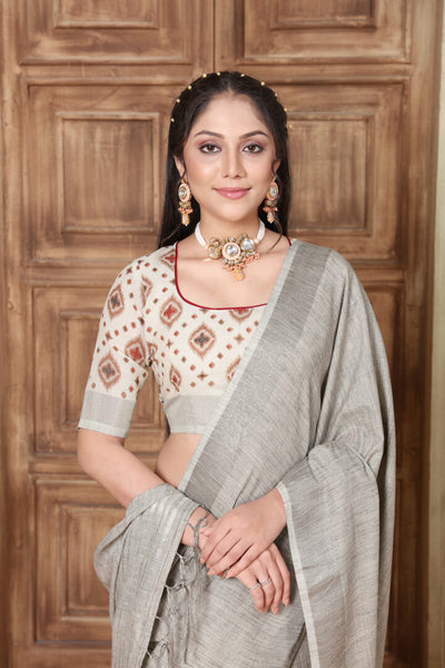 Indyancart GR Women's Glory French Grey Soft Linen Solid Woven Saree