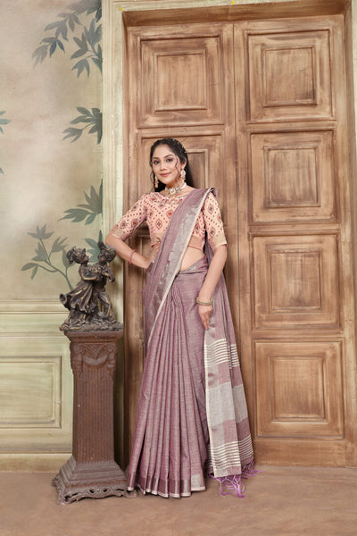 Indyancart GR Women's Glory Opera Mauve Soft Linen Solid Woven Saree