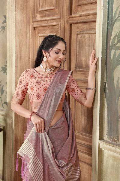 Indyancart GR Women's Glory Opera Mauve Soft Linen Solid Woven Saree