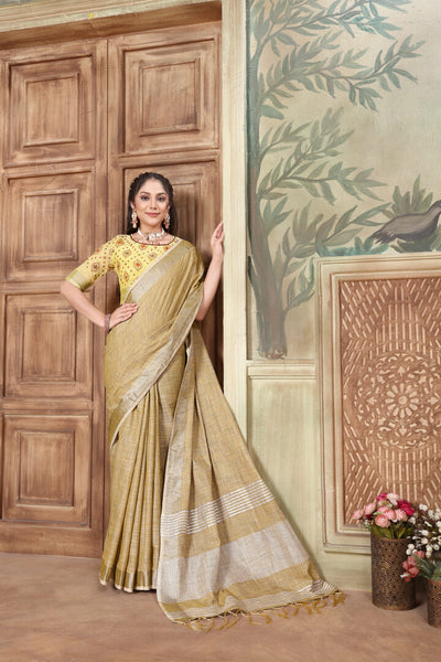 Indyancart GR Women's Glory Yellow Soft Linen Solid Woven Saree