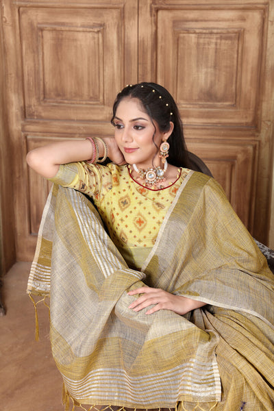Indyancart GR Women's Glory Yellow Soft Linen Solid Woven Saree