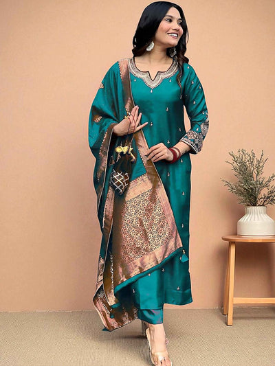 Indyancart SN Women's Embroidered Straight Kurta Pyjama & Dupatta