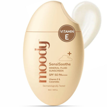 Moody SensiSoothe Mineral Brightening Sunscreen Serum with Ceramides and Rice, featuring a pump bottle and bright packaging.