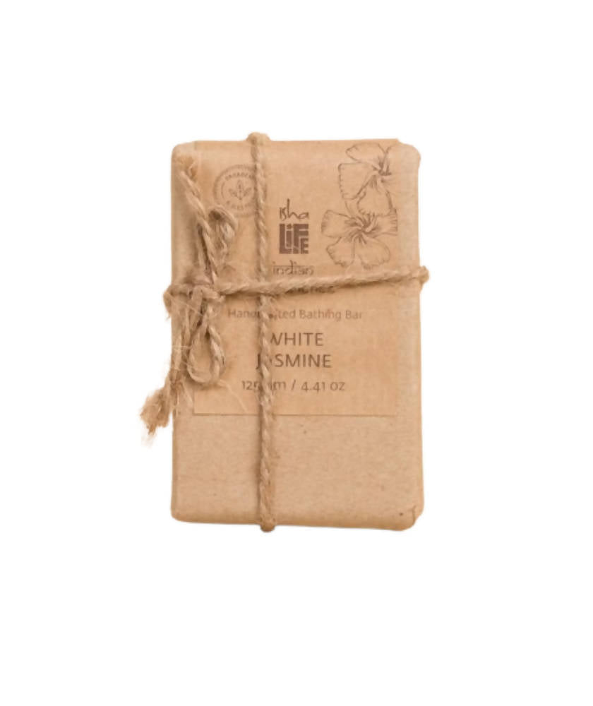 Isha Life White Jasmine Soap bar with floral scent, featuring a smooth, white soap texture in a close-up image.