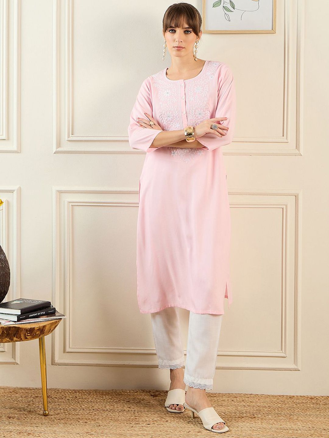 Indyancart IE Floral Yoke Design Round Neck Thread Work Straight Kurta
