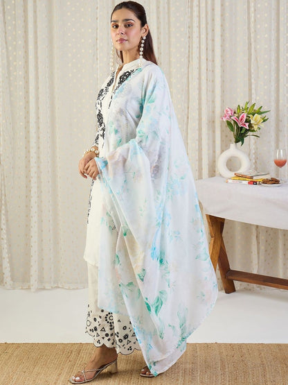 Women Floral Embroidered Regular Thread Work Cotton Kurta with Palazzos & Dupatta