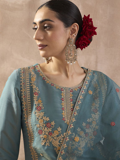 Indyancart IE Ethnic Motifs Embroidered Round Neck Thread Work Kurta & Palazzos With Dupatta