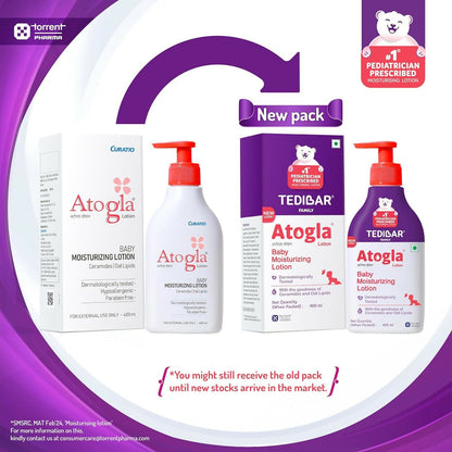 Curatio Tedibar Atogla baby moisturizing lotion with soft, gentle skin feel, suitable for delicate baby skin.
