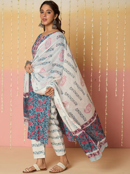 Women Floral Printed Regular Pure Cotton Kurta with Trousers & With Dupatta