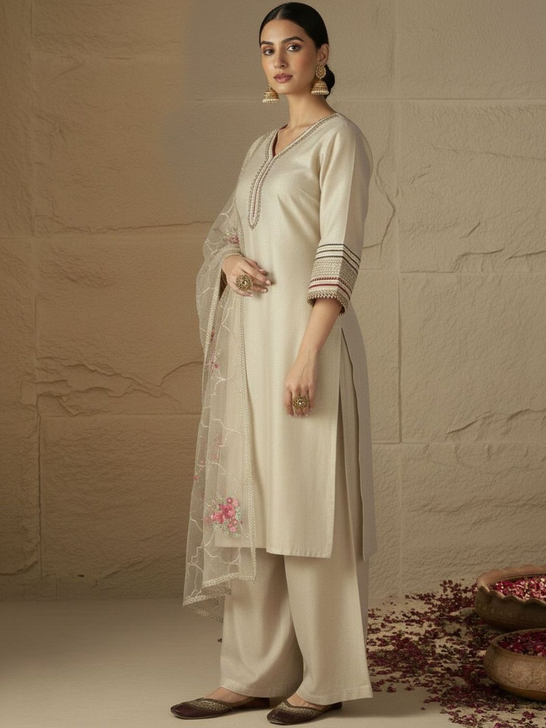 Indyancart VA Women Floral Regular Thread Work Kurta with Palazzos & With Dupatta