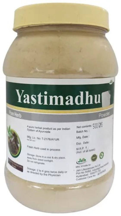 Sri Jain Ayurvedic Pharmacy Yastimadhu powder in a glass jar, showcasing the herbal powder for medicinal use.