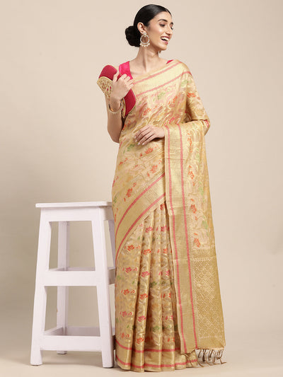 Indyancart GR Women's Gulmohar Beige Organza Saree