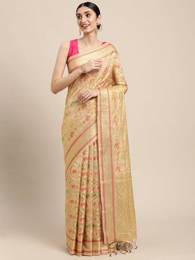 Indyancart GR Women's Gulmohar Beige Organza Saree