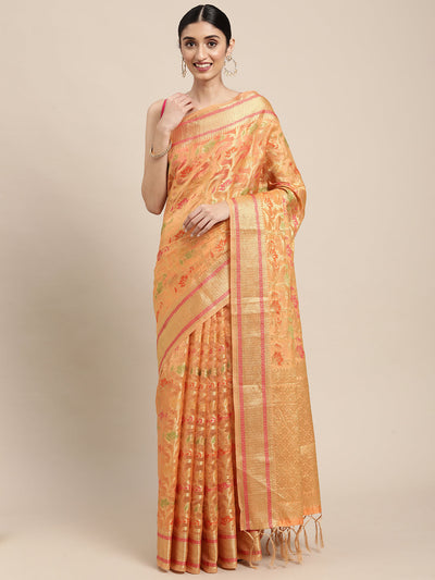 Indyancart GR Women's Gulmohar Tangerine Orange Organza Saree