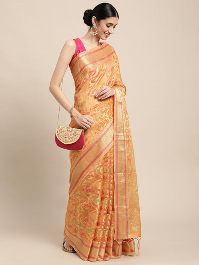 Indyancart GR Women's Gulmohar Tangerine Orange Organza Saree
