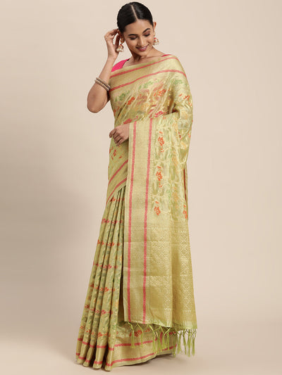 Indyancart GR Women's Gulmohar Pista Green Organza Saree