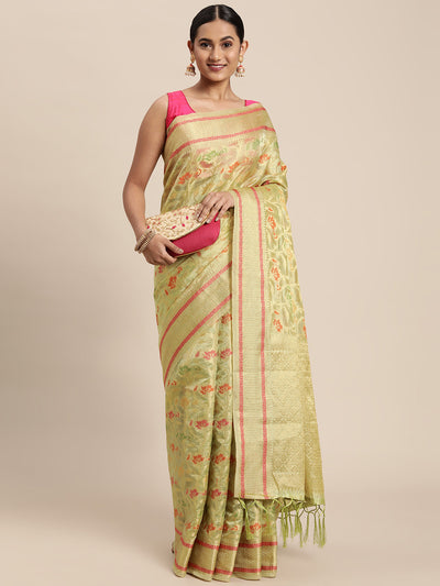 Indyancart GR Women's Gulmohar Pista Green Organza Saree