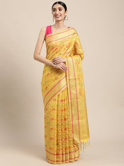 Indyancart GR Women's Gulmohar Corn Yellow Organza Saree