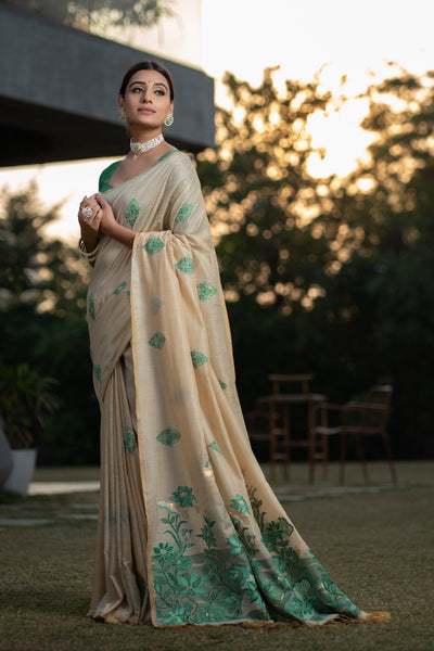 Indyancart GR Women's Gulshan Screamin' Green Woven Handloom Soft Modal Silk Saree
