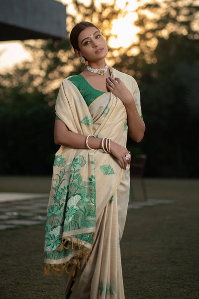 Indyancart GR Women's Gulshan Screamin' Green Woven Handloom Soft Modal Silk Saree