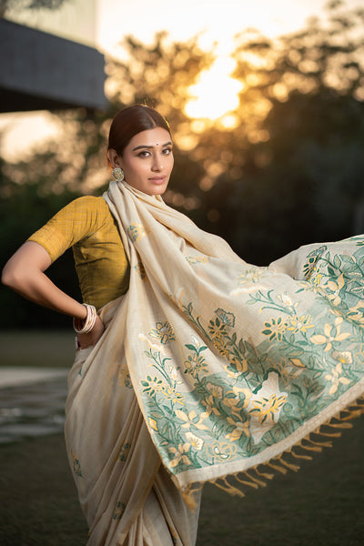 Indyancart GR Women's Gulshan Ocher Yellow Woven Handloom Soft Modal Silk Saree