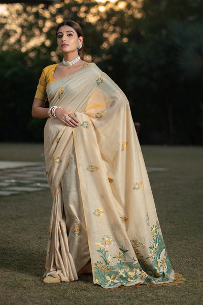 Indyancart GR Women's Gulshan Ocher Yellow Woven Handloom Soft Modal Silk Saree