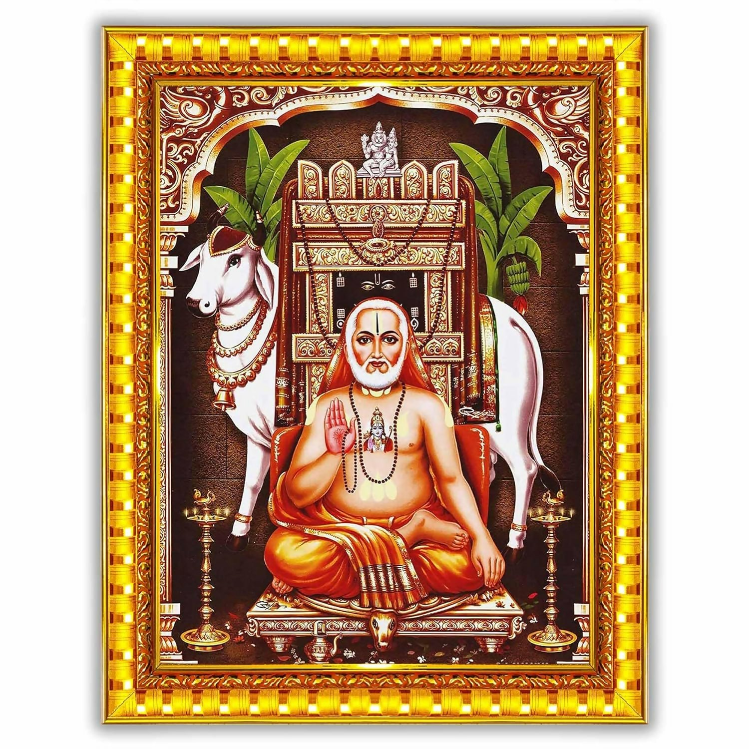 Framed Raghavendra Swamy Lord Mantralaya wall painting by Pavan Photo Laminations, 6x8 inch spiritual home decor piece.
